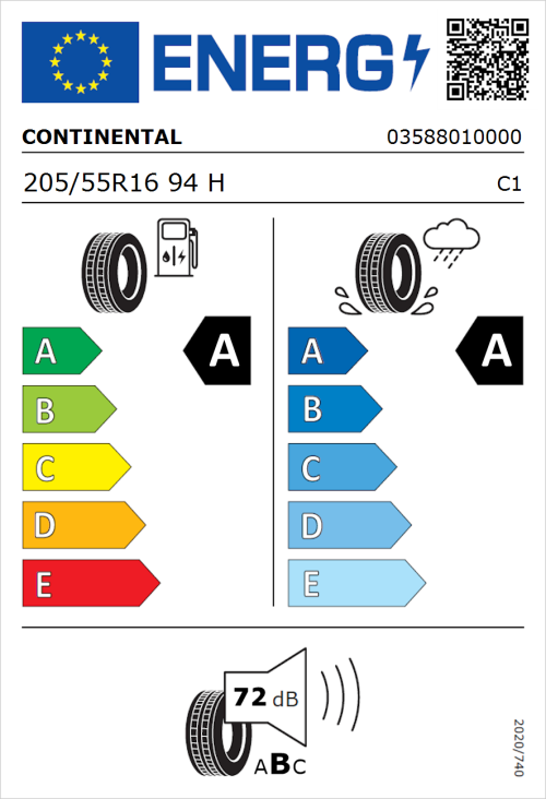 Tyre Label for Continental EcoContact 6 205/55R16 94H