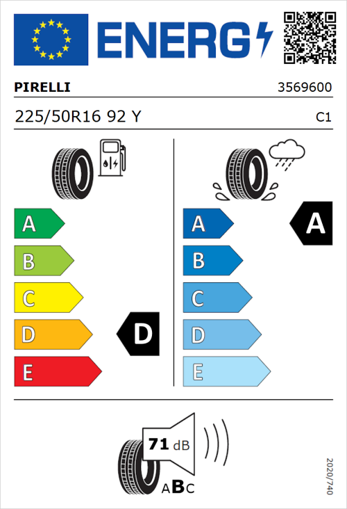 Tyre Label for Pirelli P Zero Rosso Asimmetrico 225/50R16 92Y