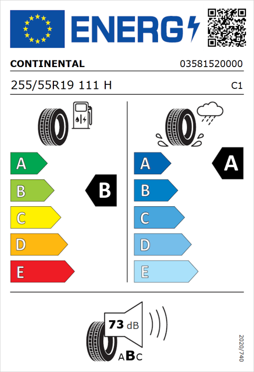 Tyre Label for Continental PremiumContact 6 255/55R19 111H