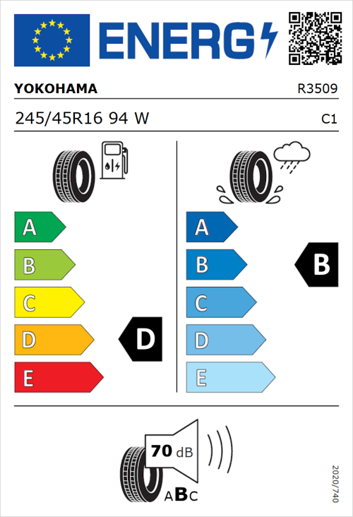Tyre Label for Yokohama A008P 245/45R16 94W
