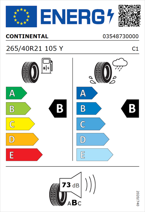 Tyre Label for Continental ContiCrossContact UHP 265/40R21 105Y