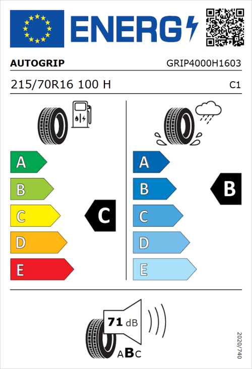 Tyre Label for Autogrip Grip 4000 215/70R16 100H